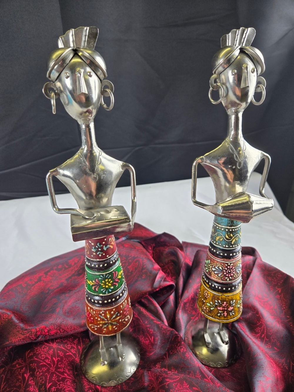 Hand‑Painted Metal Figurine Pair – Folk Art Decor